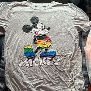 grey t-shirt, rainbow mickey design, short sleeves